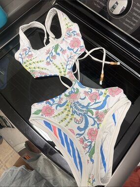 Maaji White Floral Cutout One-Piece Swimsuit with Pink & Blue Accents